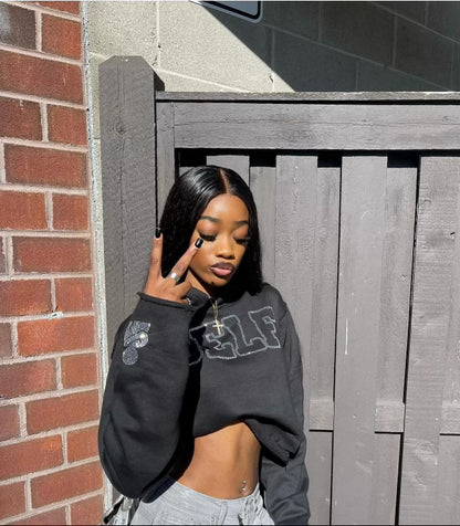 SELF Rhinestone Cropped Hoodie