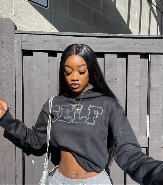 SELF Rhinestone Cropped Hoodie